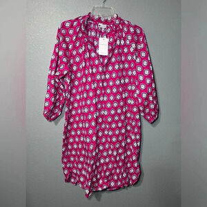 Caryn Lawn Pink/Blue/White Leaf Abstract Dress Sz LG/XL Front Pockets Collarless